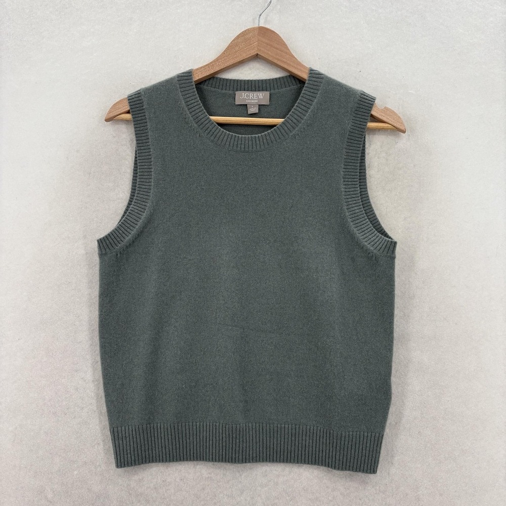 J.Crew Sweater Vest Womens Small Gray Green 100% Cashmere Crew Neck Knit Soft